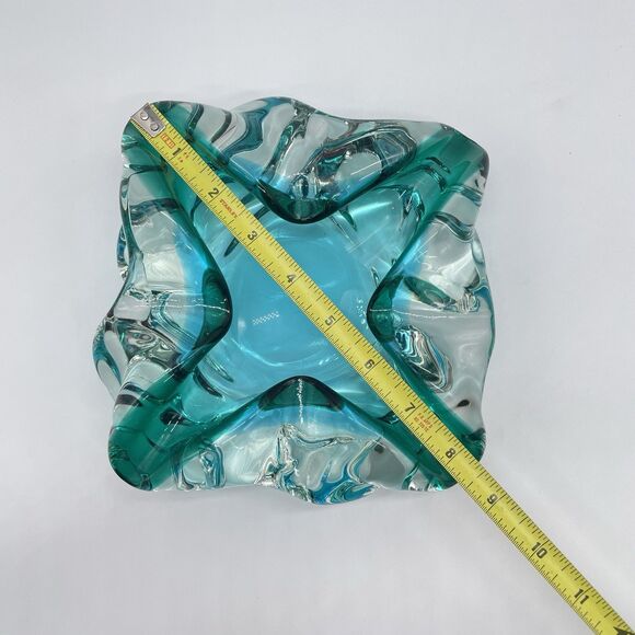 Murano Style Art Glass Ashtray Bowl Green Blue Sommerso Mid Century Heavy Piece - Picture 7 of 8